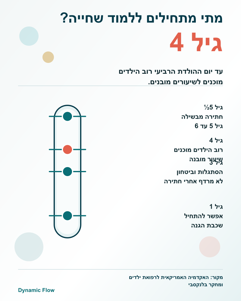 סולם גילאים ללימוד שחייה: הסתגלות אחרי גיל שנה, שיעורים מובנים סביב גיל 4 וסגנון מלא בגיל 5 עד 6.